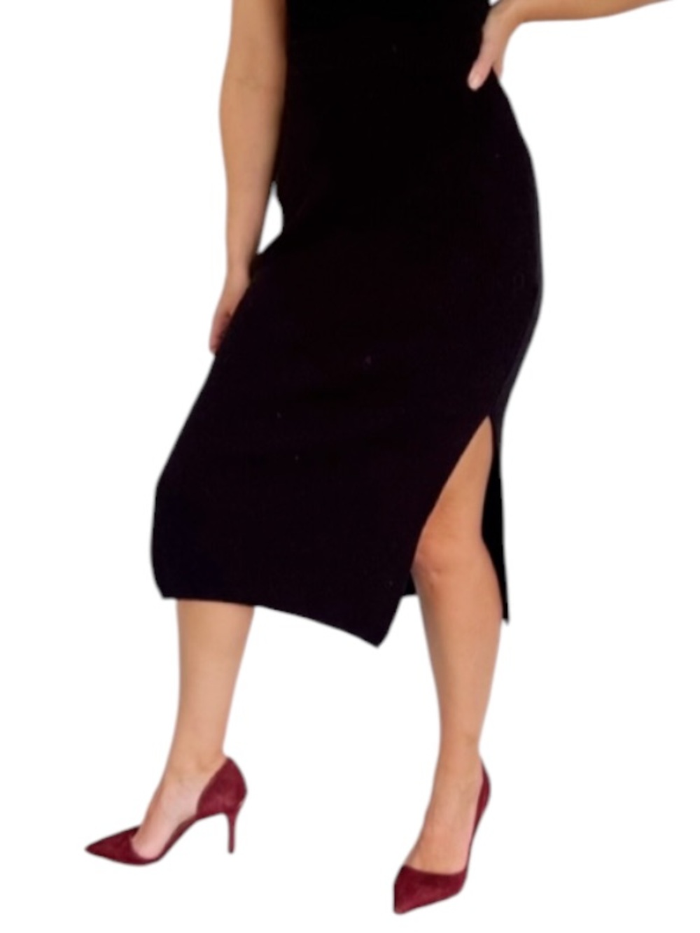 Petal + Pup black stretchy ribbed knit side slit bodycon sweater pencil skirt 4